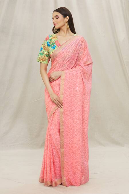 Buy Anaya By Akruthi Green Raw Silk, Chiffon Floral Leaf Neck Print Saree With Blouse Online at Aza Fashions Buy_Anaya By Akruthi_Green Raw Silk, Chiffon Floral Leaf Neck Print Saree With Blouse_Online_at_Aza_Fashions