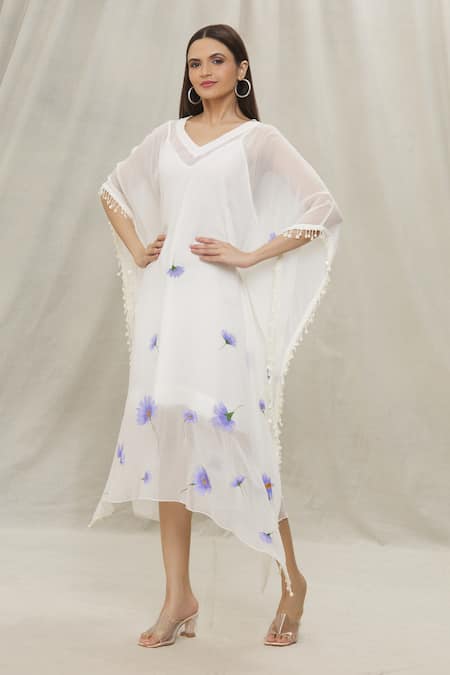Anaya by Akruthi White Georgette Hand Painted Floral V Neck Kaftan 