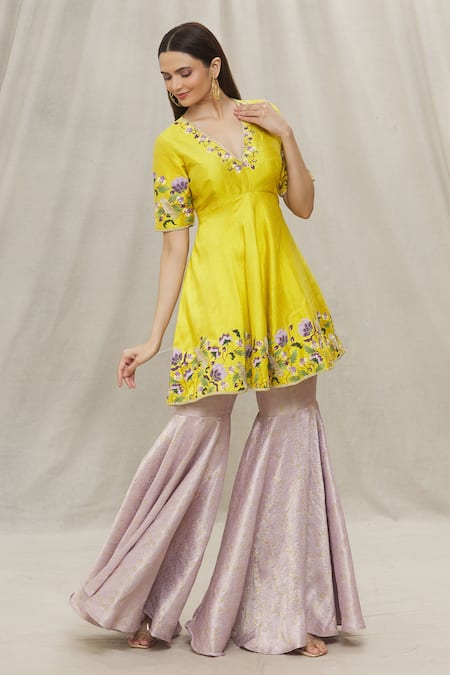 Anaya By Akruthi_Yellow Raw Silk, Banarasi Floral V Neck Hand Painted Kurta And Sharara Set_Online_at_Aza_Fashions