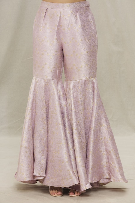 Anaya By Akruthi_Yellow Raw Silk, Banarasi Floral V Neck Hand Painted Kurta And Sharara Set_at_Aza_Fashions