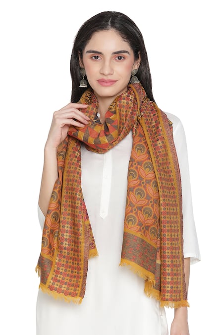 Shingora_Yellow Woven Floral Stole _Online_at_Aza_Fashions