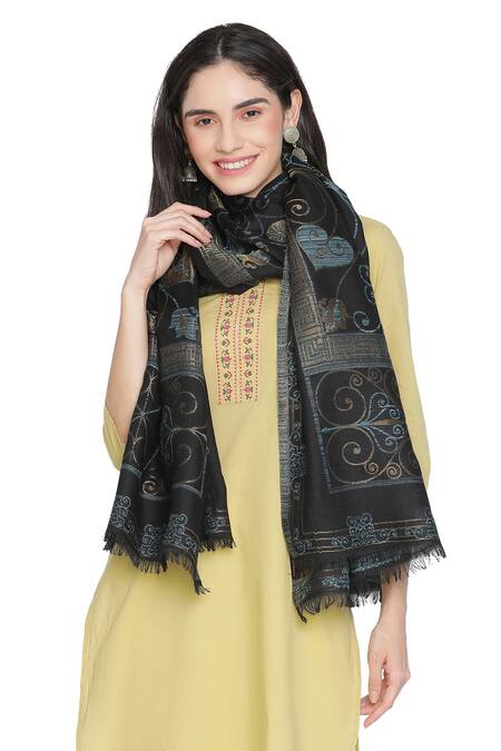 Shingora_Black Woven Floral Stole _Online_at_Aza_Fashions