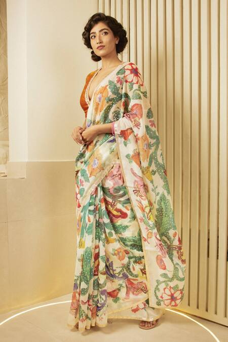 Saksham & Neharicka_Multi Color Chanderi Hand Painted Print Saree_Online_at_Aza_Fashions