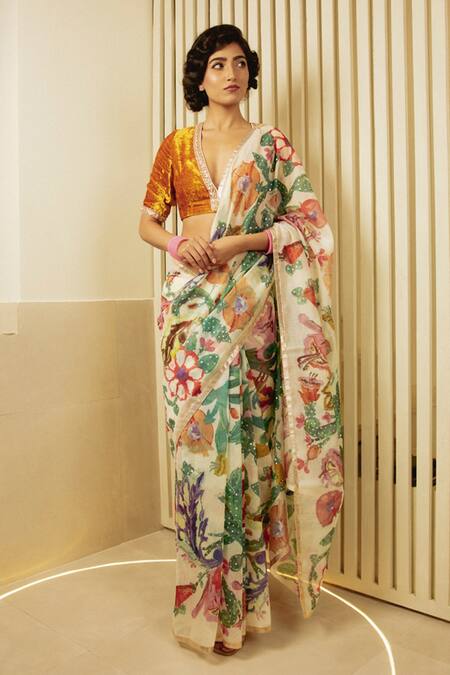 Buy_Saksham & Neharicka_Multi Color Chanderi Hand Painted Print Saree_Online_at_Aza_Fashions