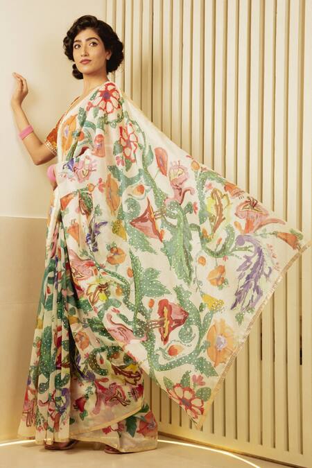 Shop_Saksham & Neharicka_Multi Color Chanderi Hand Painted Print Saree_Online_at_Aza_Fashions