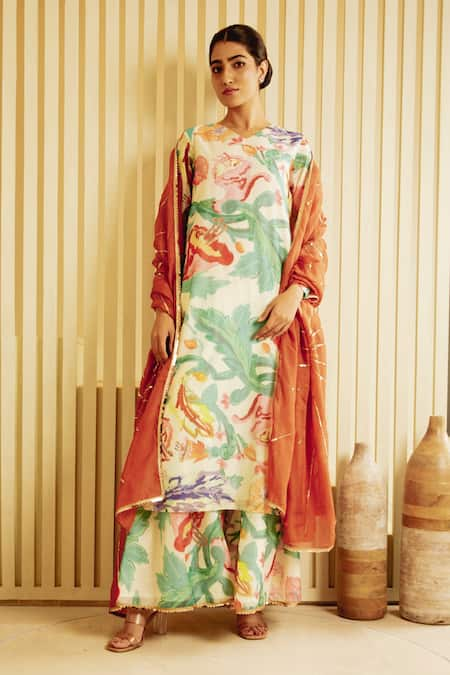 SAKSHAM & NEHARICKA Chanderi Floral Print Tunic Palazzo Set 