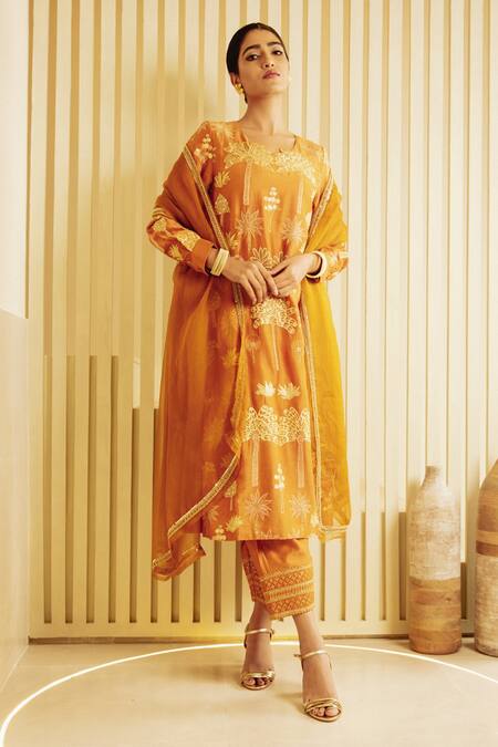 Saksham & Neharicka_Yellow Net, Chanderi Tropical Round Embroidered Kurta Salwar Set_Online_at_Aza_Fashions