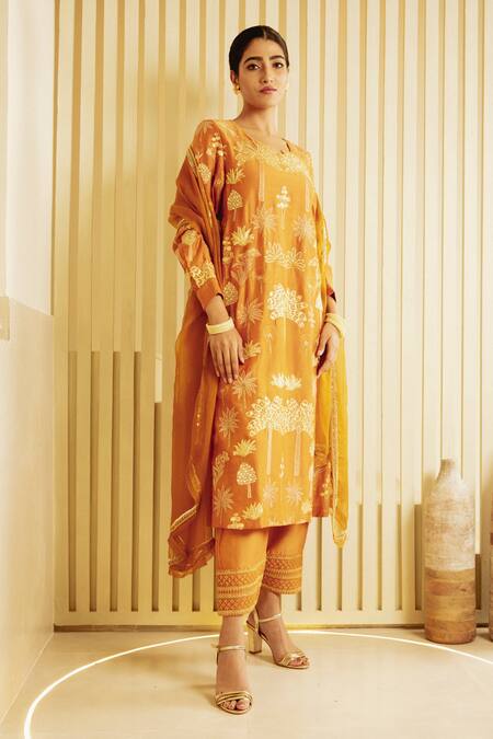 Buy_Saksham & Neharicka_Yellow Net, Chanderi Tropical Round Embroidered Kurta Salwar Set_Online_at_Aza_Fashions