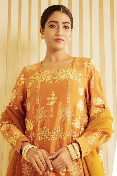 Shop_Saksham & Neharicka_Yellow Net, Chanderi Tropical Round Embroidered Kurta Salwar Set_Online_at_Aza_Fashions