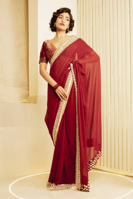 Saksham & Neharicka_Maroon Georgette Metallic Border Saree_Online_at_Aza_Fashions