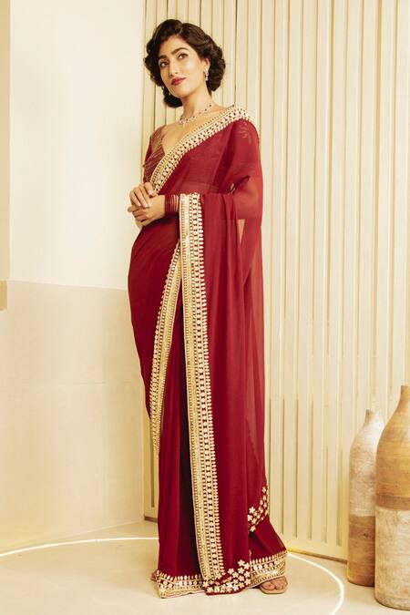 Buy_Saksham & Neharicka_Maroon Georgette Metallic Border Saree_Online_at_Aza_Fashions