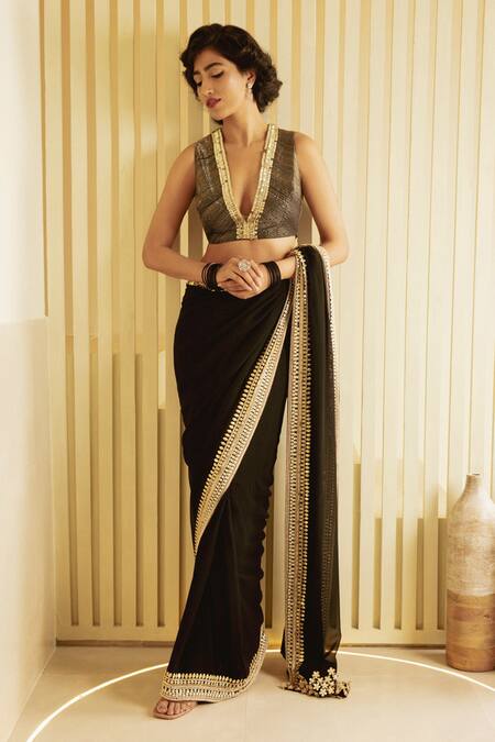 Buy_Saksham & Neharicka_Black Georgette Metallic Border Saree _Online_at_Aza_Fashions