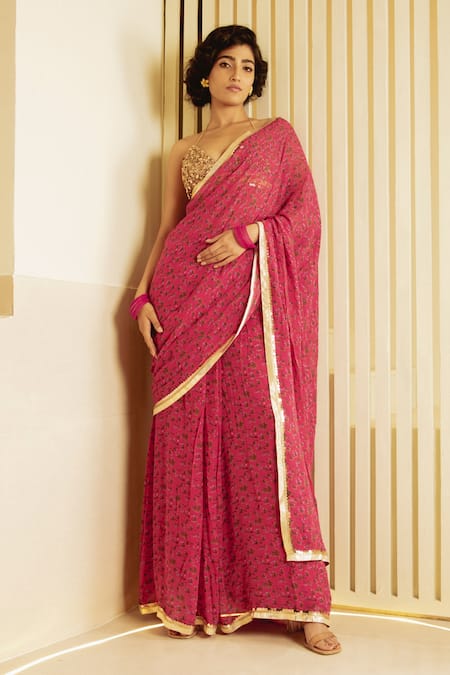 Shop_Saksham & Neharicka_Fuchsia Georgette Hand Painted Print Halter Floral Pre-draped Saree With Blouse _Online_at_Aza_Fashions