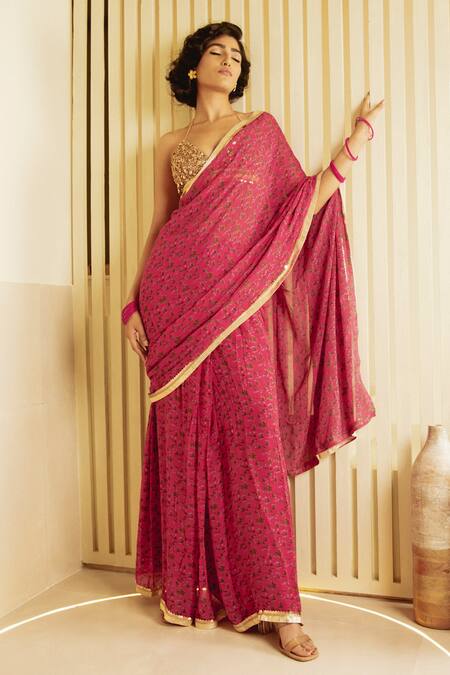 Saksham & Neharicka_Fuchsia Georgette Hand Painted Print Halter Floral Pre-draped Saree With Blouse _at_Aza_Fashions