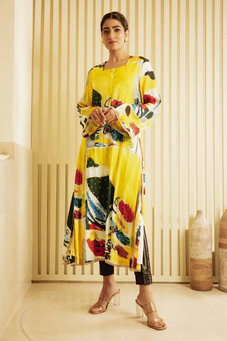 Shop Saksham & Neharicka Yellow Cotton Silk Hand Painted Print Square Neck Abstract Kurta Online at Aza Fashions Shop_Saksham & Neharicka_Yellow Cotton Silk Hand Painted Print Square Neck Abstract Kurta_Online_at_Aza_Fashions