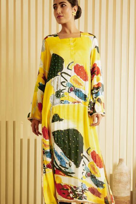 Saksham & Neharicka Yellow Cotton Silk Hand Painted Print Square Neck Abstract Kurta at Aza Fashions Saksham & Neharicka_Yellow Cotton Silk Hand Painted Print Square Neck Abstract Kurta_at_Aza_Fashions