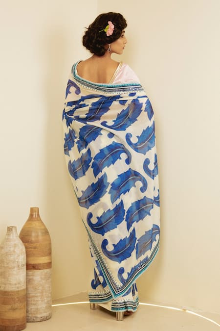 Shop_Saksham & Neharicka_White Chanderi Leaf Print Saree _at_Aza_Fashions