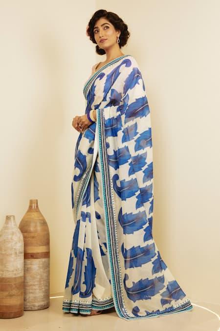 Buy_Saksham & Neharicka_White Chanderi Leaf Print Saree _Online_at_Aza_Fashions