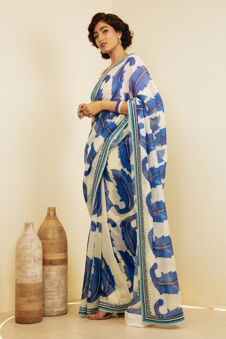 Shop_Saksham & Neharicka_White Chanderi Leaf Print Saree _Online_at_Aza_Fashions
