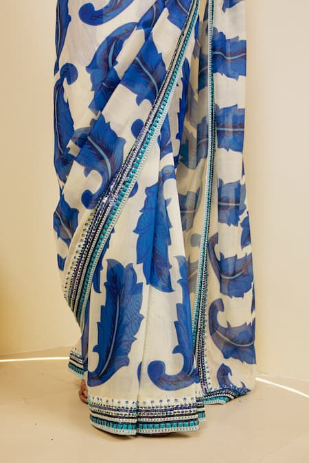 Saksham & Neharicka_White Chanderi Leaf Print Saree _at_Aza_Fashions