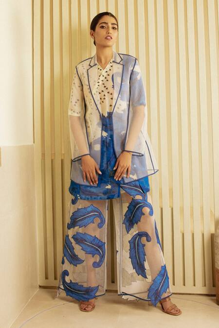 Shop_Saksham & Neharicka_White Organza, Chanderi Leaf Jacket Notched Sheer And Printed Palazzo Set_Online_at_Aza_Fashions