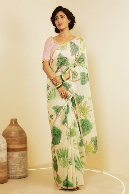 SAKSHAM & NEHARICKA Chanderi Leaf Print Saree 