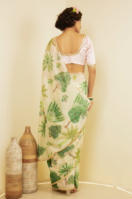 Shop Saksham & Neharicka Ivory Chanderi Tree Leaf Print Saree at Aza Fashions Shop_Saksham & Neharicka_Ivory Chanderi Tree Leaf Print Saree_at_Aza_Fashions