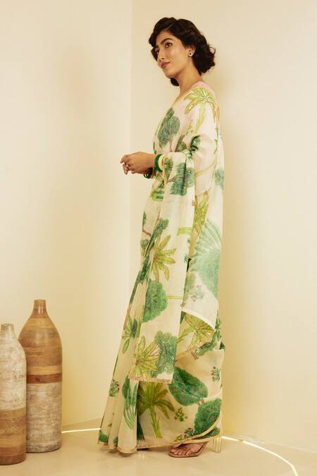 Saksham & Neharicka Ivory Chanderi Tree Leaf Print Saree Online at Aza Fashions Saksham & Neharicka_Ivory Chanderi Tree Leaf Print Saree_Online_at_Aza_Fashions