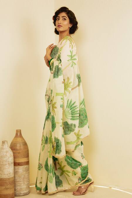 Buy Saksham & Neharicka Ivory Chanderi Tree Leaf Print Saree Online at Aza Fashions Buy_Saksham & Neharicka_Ivory Chanderi Tree Leaf Print Saree_Online_at_Aza_Fashions