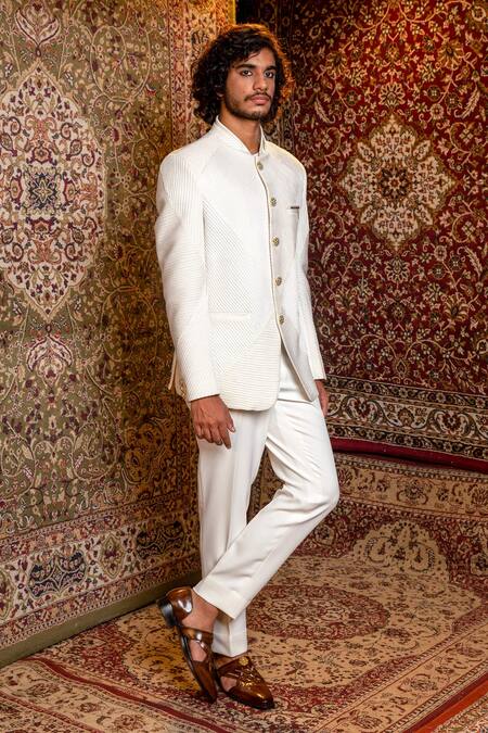 Ankur J_White Bandhgala , Pant Banana Plain Zegna Pleated Set_Online_at_Aza_Fashions