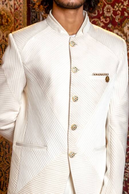 Buy_Ankur J_White Bandhgala , Pant Banana Plain Zegna Pleated Set_Online_at_Aza_Fashions