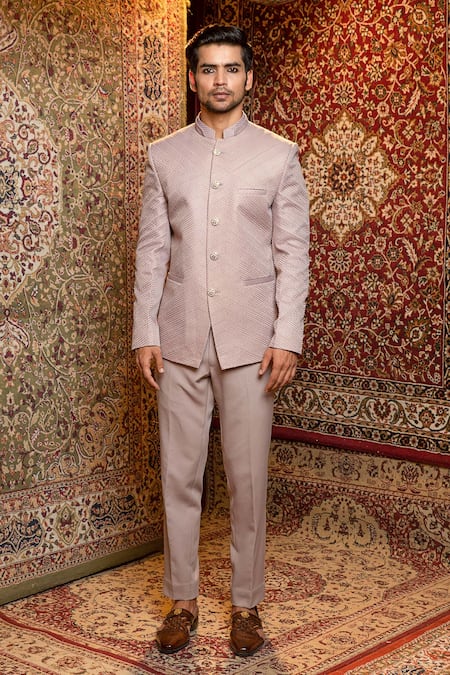 Ankur J_Grey Bandhgala Finest Gyanta Silk, Pant Banana Crepe Resham, Fossil Dove Set _Online_at_Aza_Fashions