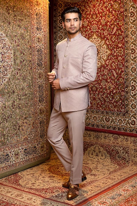 Buy_Ankur J_Grey Bandhgala Finest Gyanta Silk, Pant Banana Crepe Resham, Fossil Dove Set _Online_at_Aza_Fashions