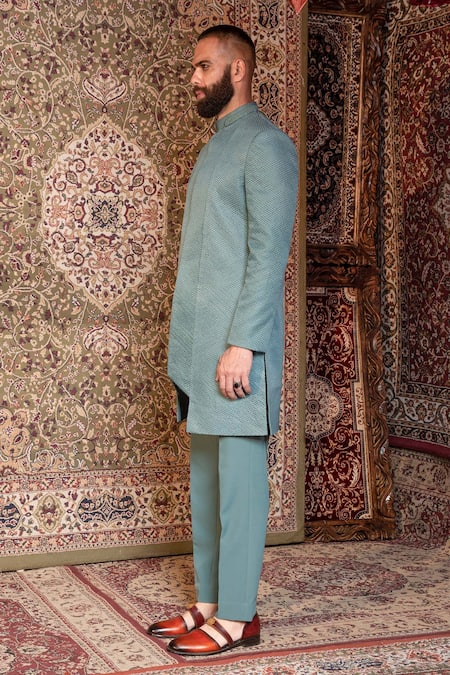 Ankur J_Green Bandhgala Finest Gyanta Silk, Pant Banana Crepe Pine Embroidered Set_Online_at_Aza_Fashions