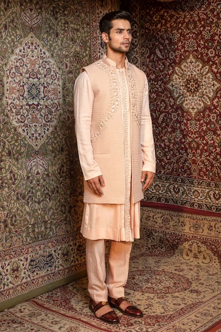 Ankur J_Pink Bundi Finest Gyanta Silk, Pant Banana Crepe Embroidered And Kurta Set_Online_at_Aza_Fashions
