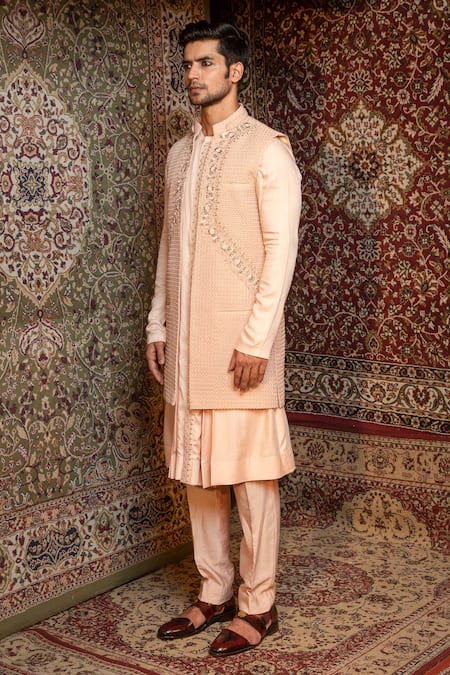 Buy_Ankur J_Pink Bundi Finest Gyanta Silk, Pant Banana Crepe Embroidered And Kurta Set_Online_at_Aza_Fashions