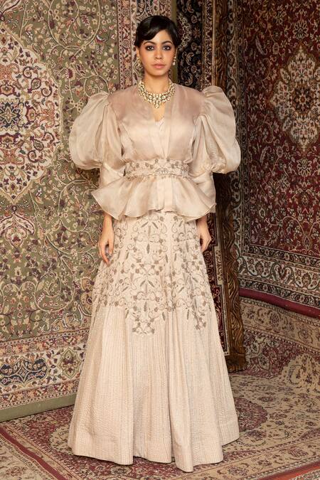 Ankur J_Beige Blouse Metallic Georgette, Lehenga Crepe Dori, Oat Nut Jacket And Set _Online_at_Aza_Fashions