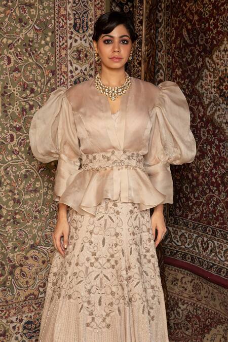 Shop_Ankur J_Beige Blouse Metallic Georgette, Lehenga Crepe Dori, Oat Nut Jacket And Set _Online_at_Aza_Fashions