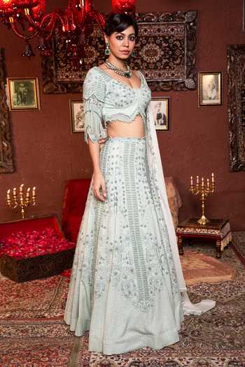 Ankur J_Blue Lehenga And Blouse Crepe Embroidery Floral V Neck Day Cran Bridal Set _Online_at_Aza_Fashions