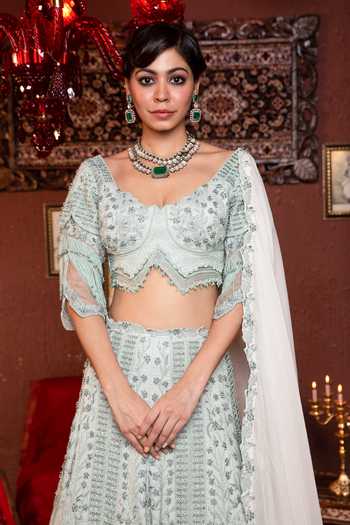 Shop_Ankur J_Blue Lehenga And Blouse Crepe Embroidery Floral V Neck Day Cran Bridal Set _Online_at_Aza_Fashions