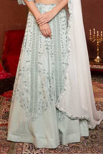 Ankur J_Blue Lehenga And Blouse Crepe Embroidery Floral V Neck Day Cran Bridal Set _at_Aza_Fashions