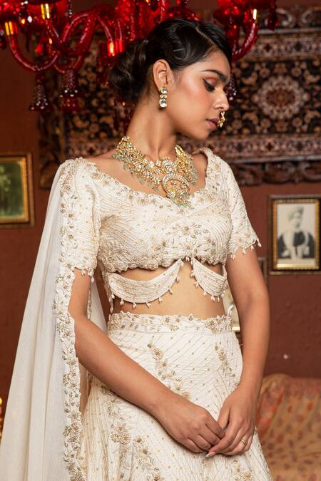 Ankur J_Cream Dupatta Metallic Georgette, Lehenga And Alabasted Embroidered Bridal Set _Online_at_Aza_Fashions
