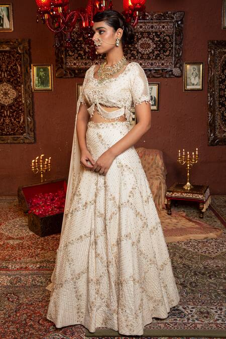 Buy_Ankur J_Cream Dupatta Metallic Georgette, Lehenga And Alabasted Embroidered Bridal Set _Online_at_Aza_Fashions