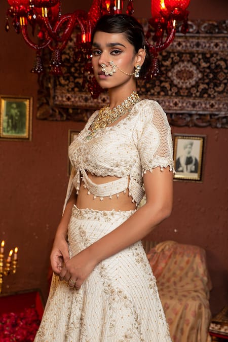 Shop_Ankur J_Cream Dupatta Metallic Georgette, Lehenga And Alabasted Embroidered Bridal Set _Online_at_Aza_Fashions