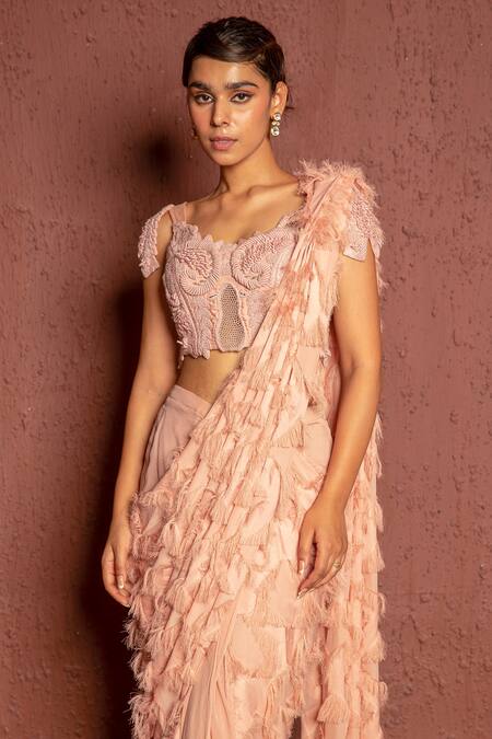 Shop_Ankur J_Pink Blouse Crepe, Saree Georgette Thread V Neck Angel Pre-draped With _Online_at_Aza_Fashions