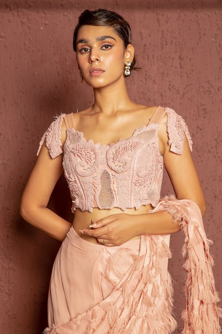 Ankur J_Pink Blouse Crepe, Saree Georgette Thread V Neck Angel Pre-draped With _at_Aza_Fashions