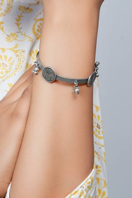 Shop_Palace Of Silver_Silver Plated Oxidized Printed Victoria Coin Bangle_Online_at_Aza_Fashions