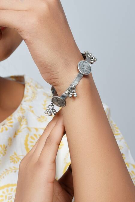 Palace Of Silver_Silver Plated Oxidized Printed Victoria Coin Bangle_at_Aza_Fashions