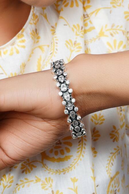 Shop_Palace Of Silver_Silver Plated Checker Handcrafted Stone Work Bangle_Online_at_Aza_Fashions