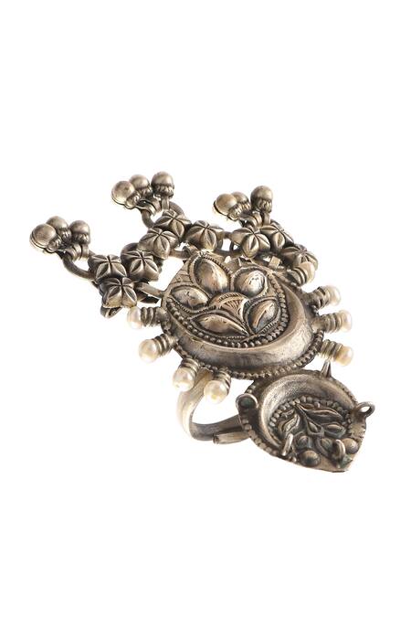 Palace Of Silver_Silver Plated Oxidized Carved Tassel Ring_Online_at_Aza_Fashions